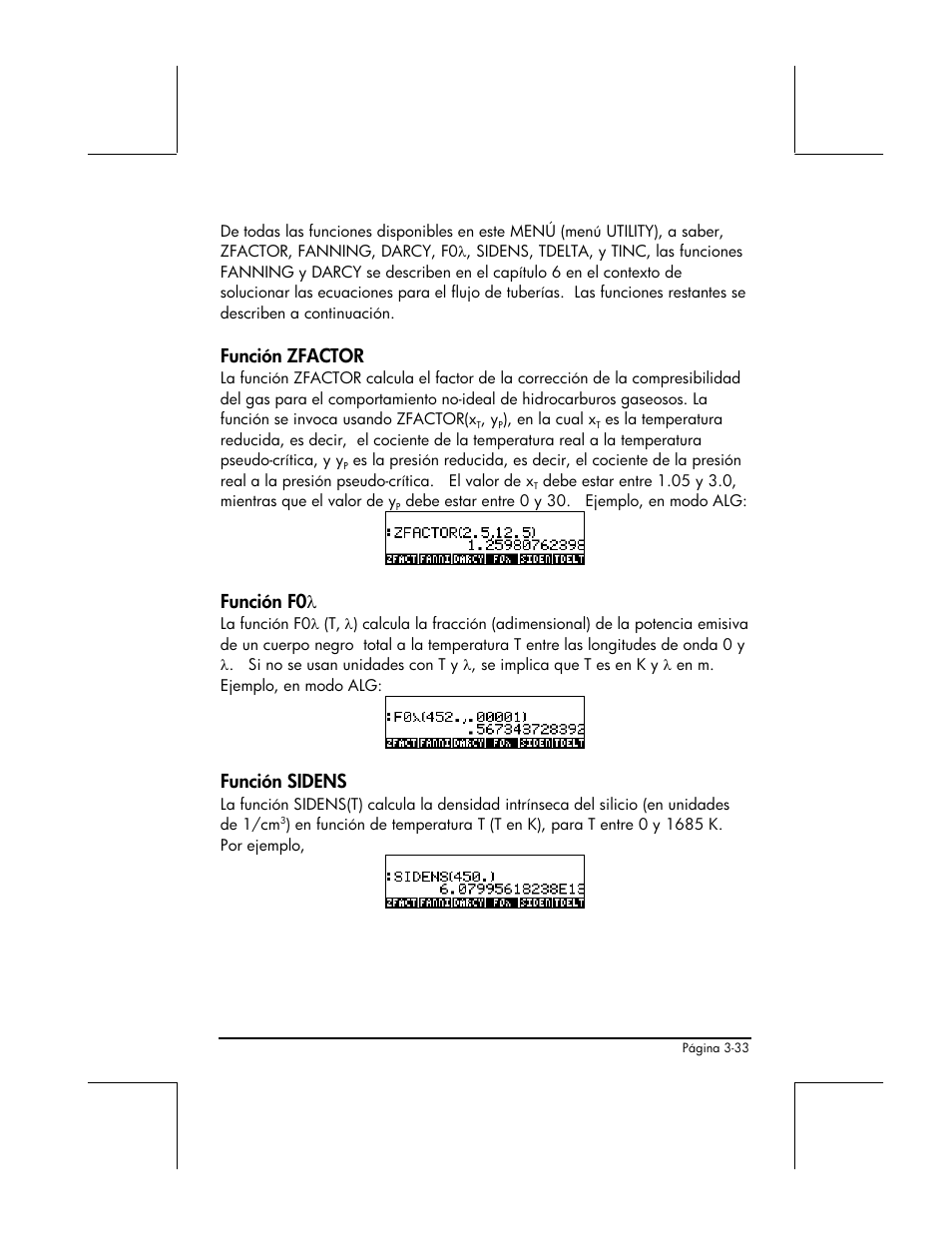 Funcion zfactor, Funcion f0λ, Funcion sidens | Función zfactor, Función f0 λ, Función sidens | HP 48gII Graphing Calculator User Manual | Page 162 / 892