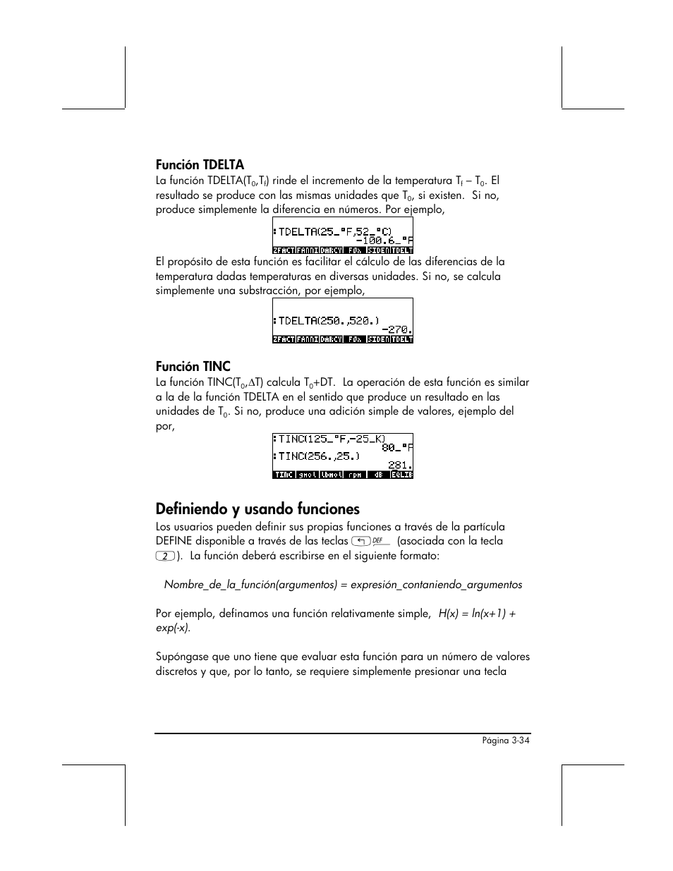 Funcion tdelta, Funcion tinc, Definiendo y usando funciones | Función tdelta, Función tinc | HP 48gII Graphing Calculator User Manual | Page 163 / 892