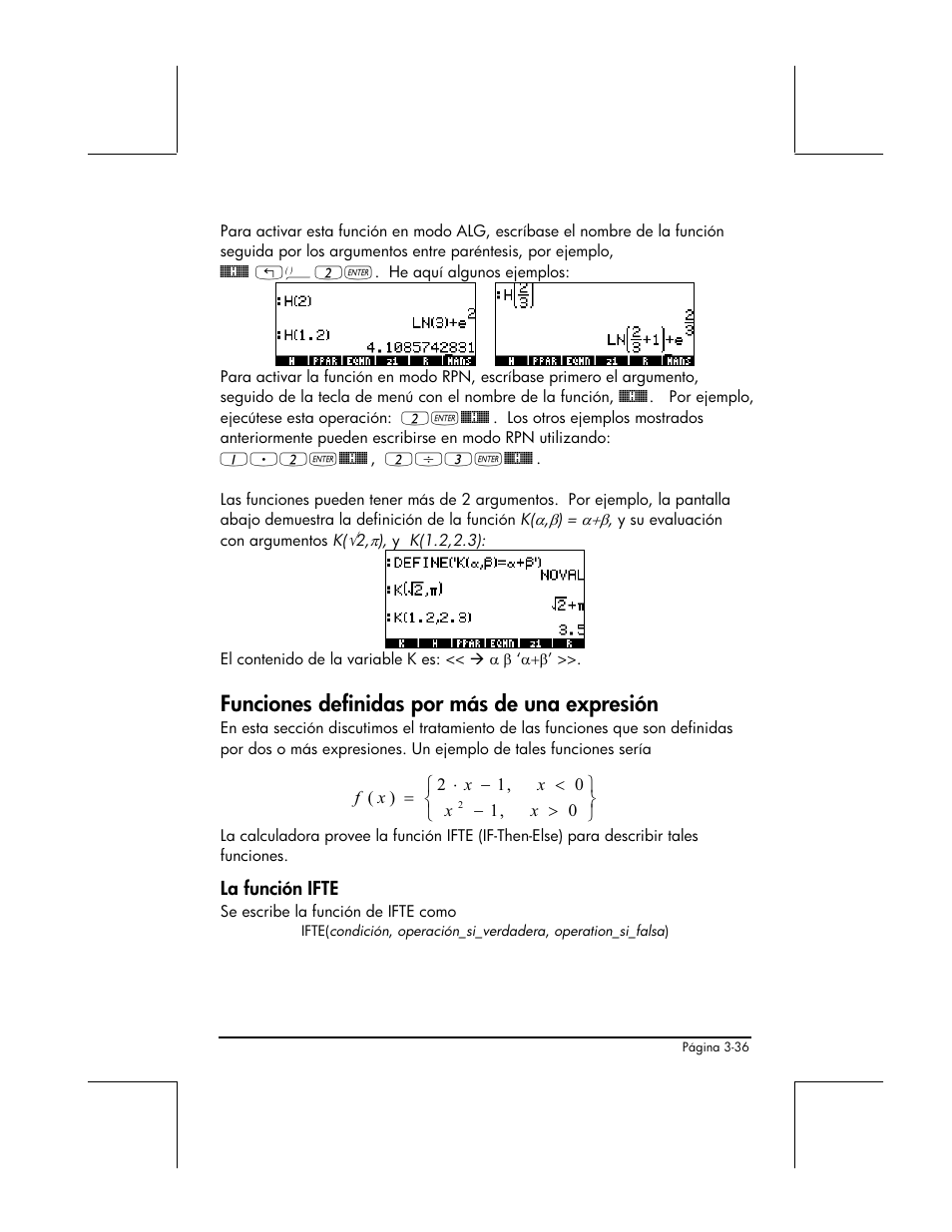 Funciones definidas por mas de una expresion, La funcion ifte, Funciones definidas por más de una expresión | HP 48gII Graphing Calculator User Manual | Page 165 / 892