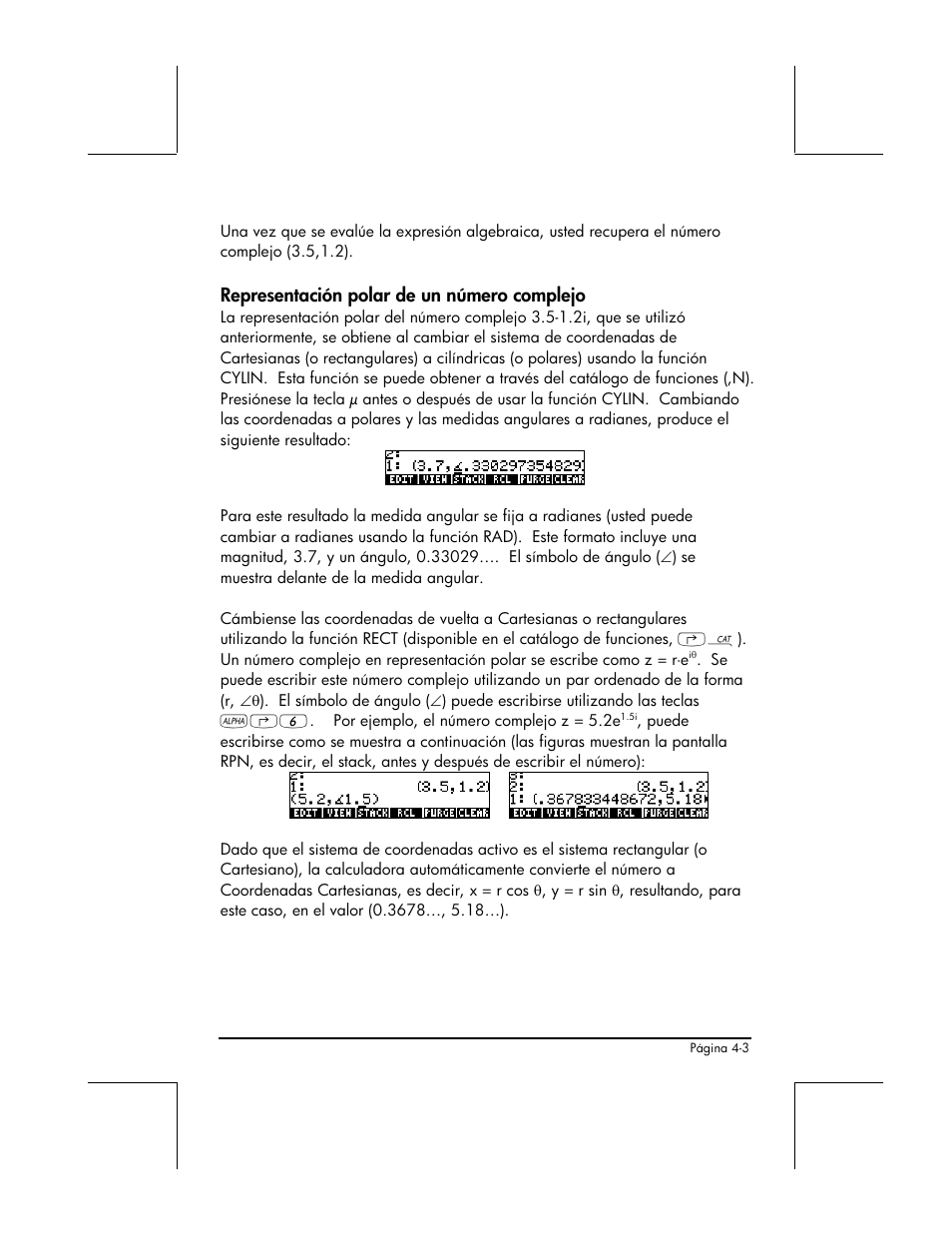 Representacion polar de un numero complejo, Representación polar de un número complejo | HP 48gII Graphing Calculator User Manual | Page 169 / 892