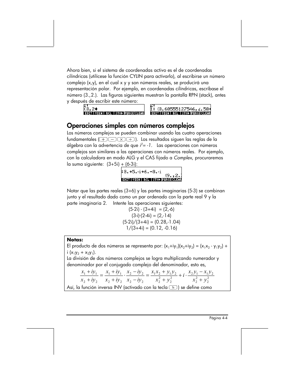 Operaciones simples con numeros complejos, Operaciones simples con números complejos | HP 48gII Graphing Calculator User Manual | Page 170 / 892