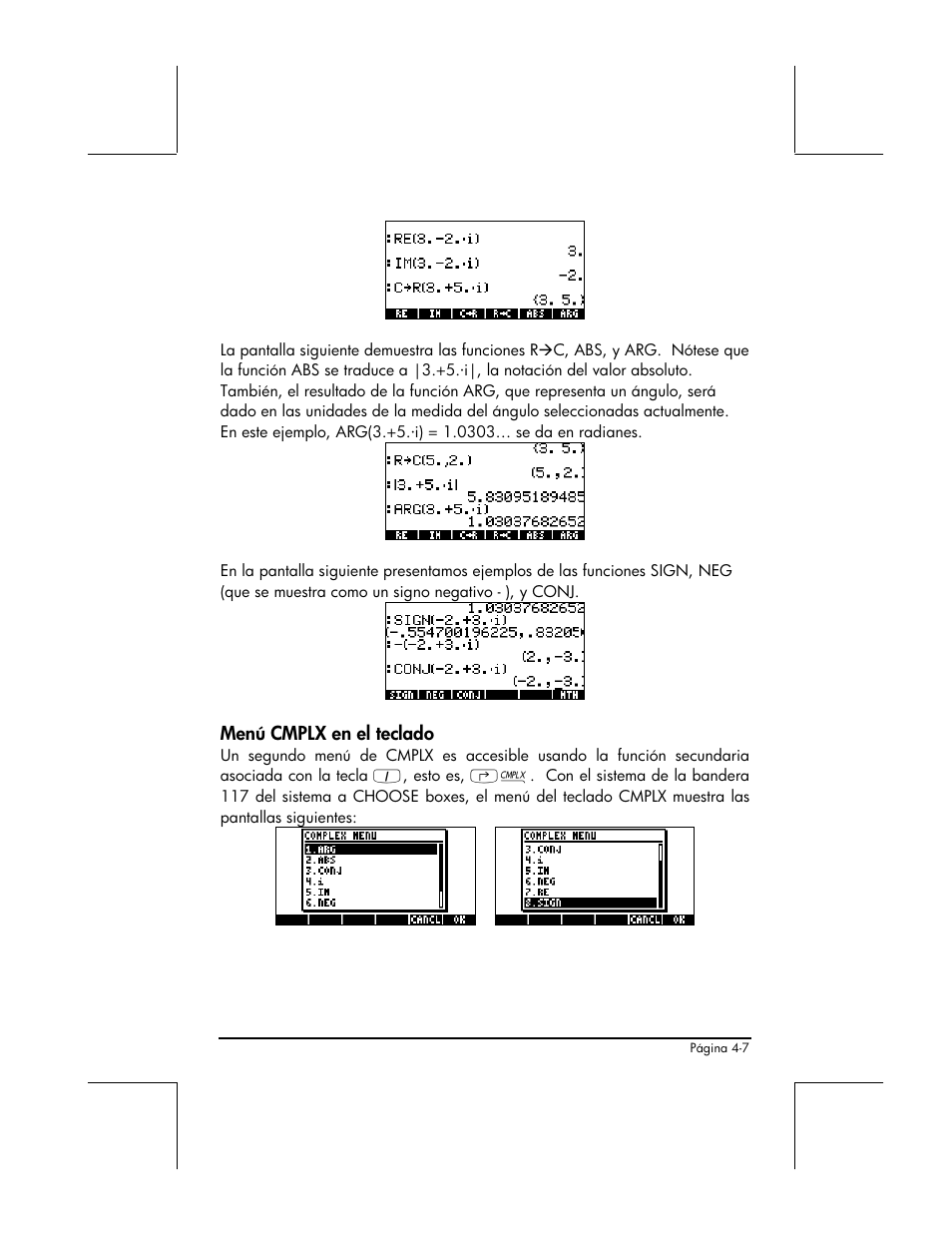 Menu cmplx en el teclado | HP 48gII Graphing Calculator User Manual | Page 173 / 892