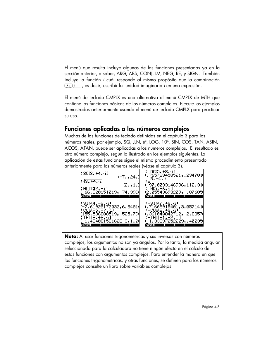 Funciones aplicadas a los numeros complejos, Funciones aplicadas a los números complejos | HP 48gII Graphing Calculator User Manual | Page 174 / 892