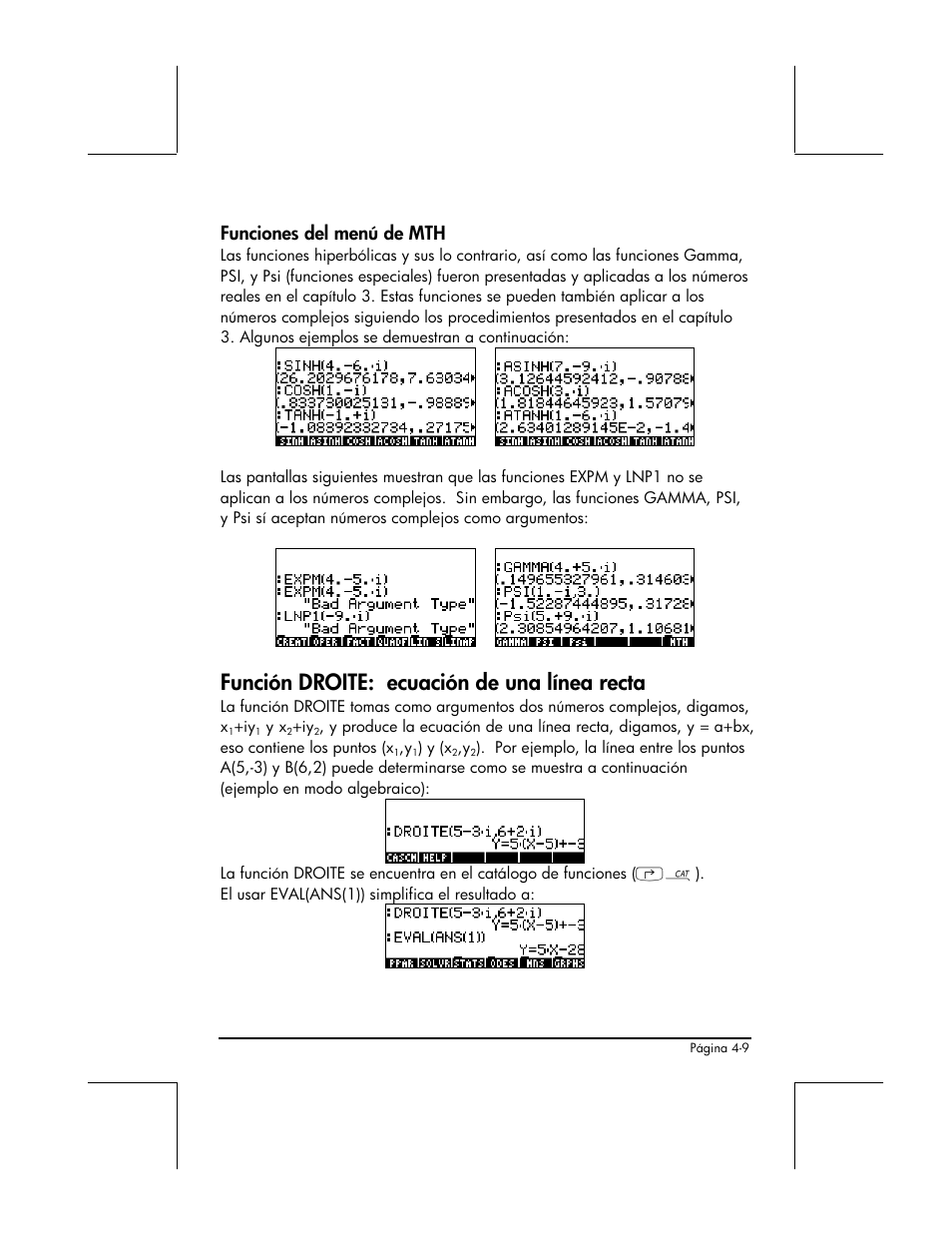 Funciones del menu de mth, Funcion droite: ecuacion de una linea recta, Función droite: ecuación de una línea recta | Funciones del menú de mth | HP 48gII Graphing Calculator User Manual | Page 175 / 892