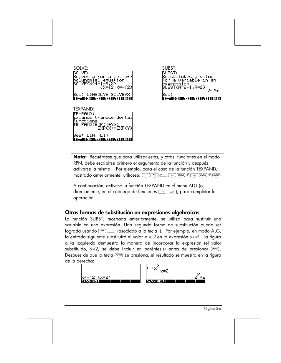 Solve, Subst, Texpand | HP 48gII Graphing Calculator User Manual | Page 181 / 892