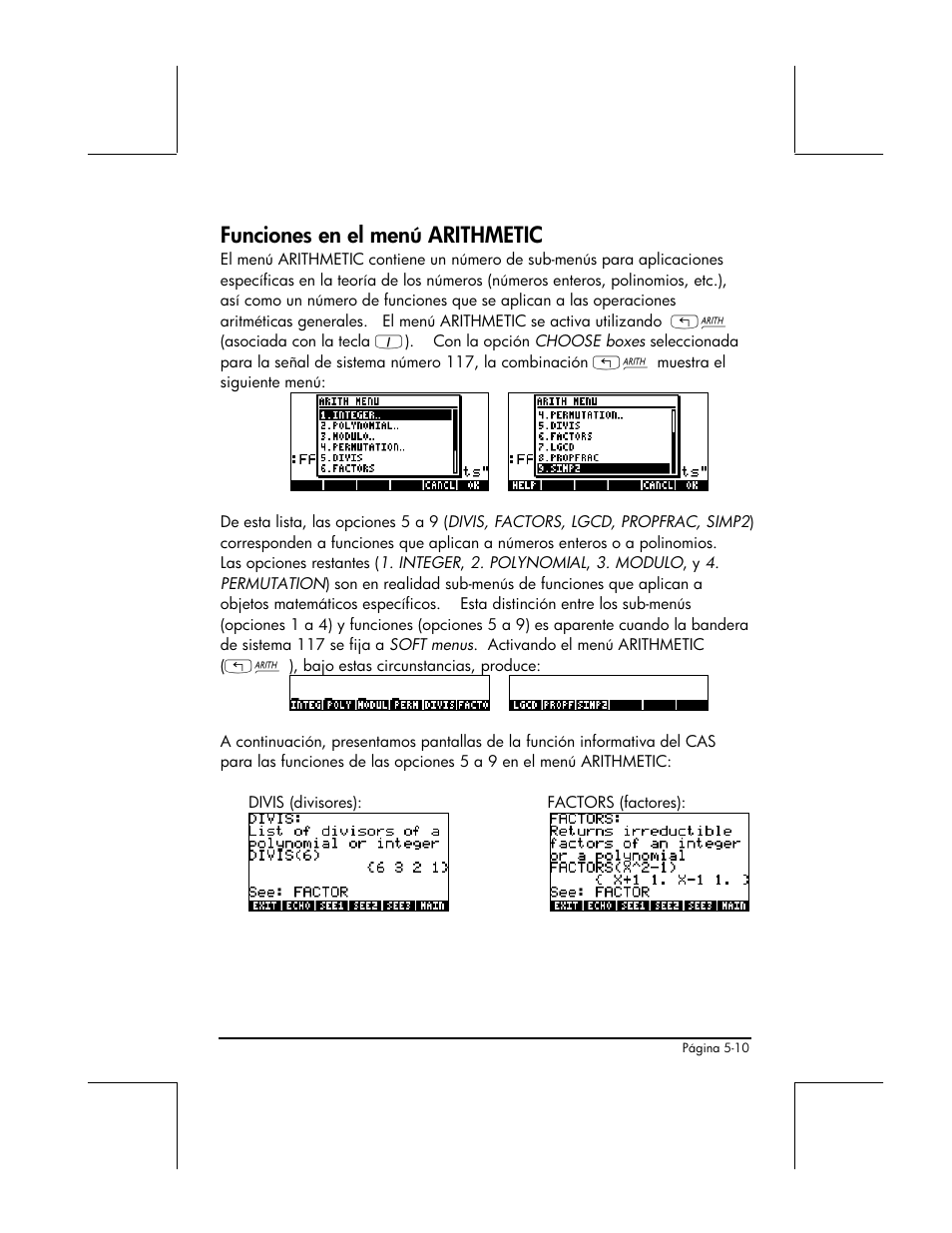 Funciones en el menu arithmetic, Divis, Factors | Funciones en el menú arithmetic | HP 48gII Graphing Calculator User Manual | Page 185 / 892