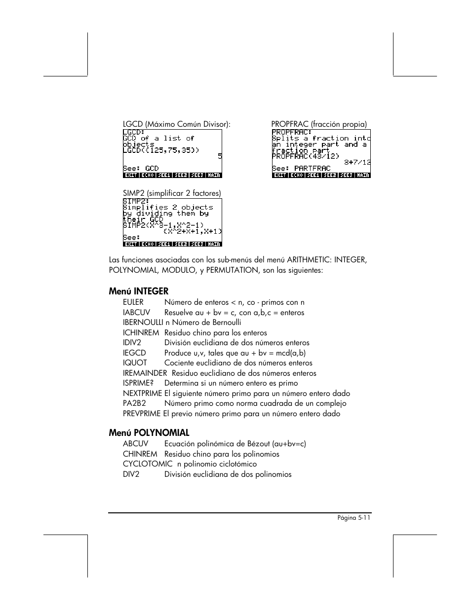 Lgcd, Propfrac, Simp2 | Menu integer, Menu polynomial | HP 48gII Graphing Calculator User Manual | Page 186 / 892