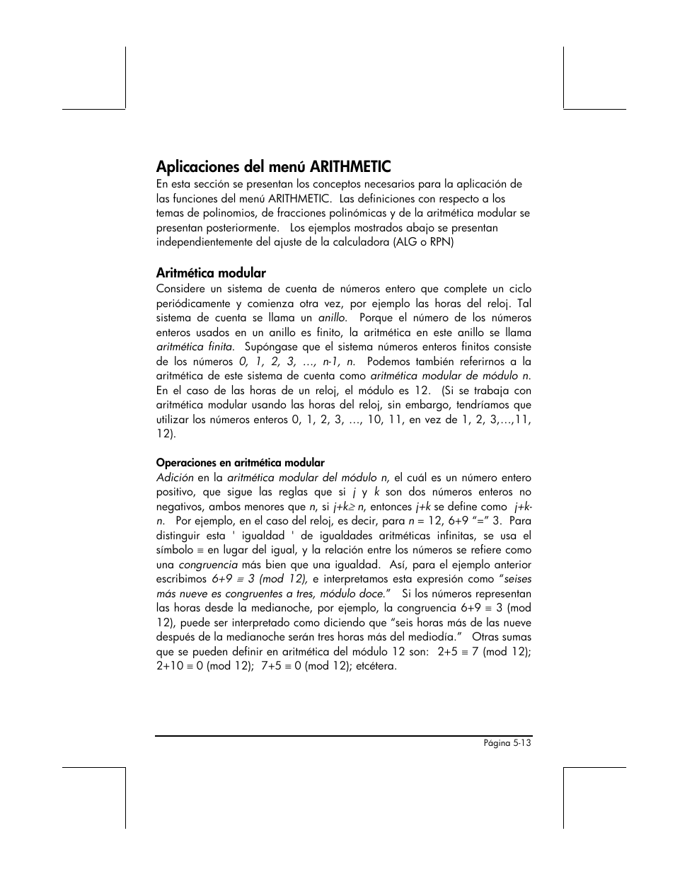 Aplicaciones del menu arithmetic, Aritmetica modular, Aplicaciones del menú arithmetic | HP 48gII Graphing Calculator User Manual | Page 188 / 892