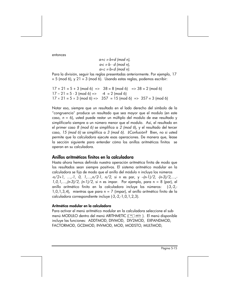 Anillos aritmeticos finitos en la calculadora | HP 48gII Graphing Calculator User Manual | Page 190 / 892