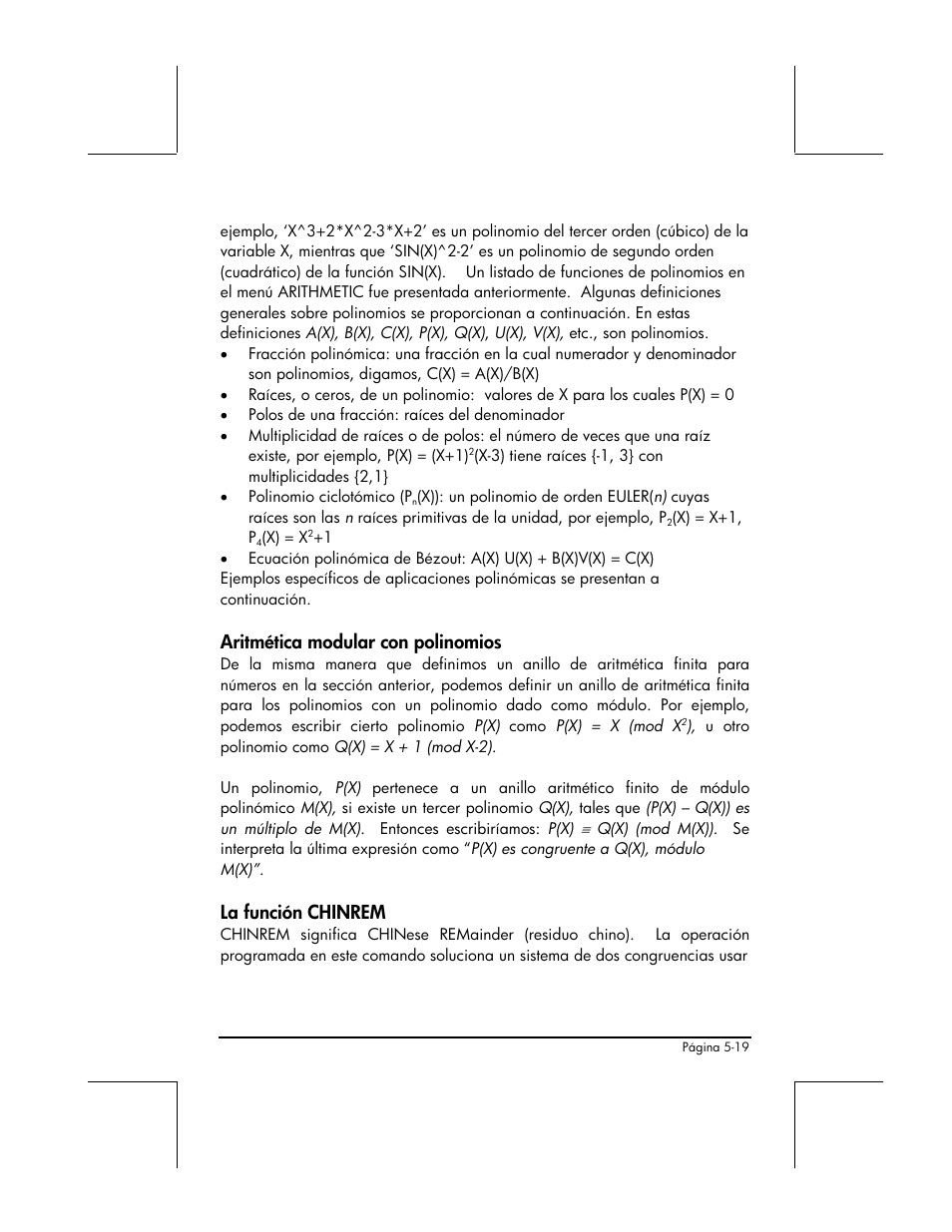 Aritmetica modular con polinomios, La funcion chinrem, Aritmética modular con polinomios | La función chinrem | HP 48gII Graphing Calculator User Manual | Page 194 / 892