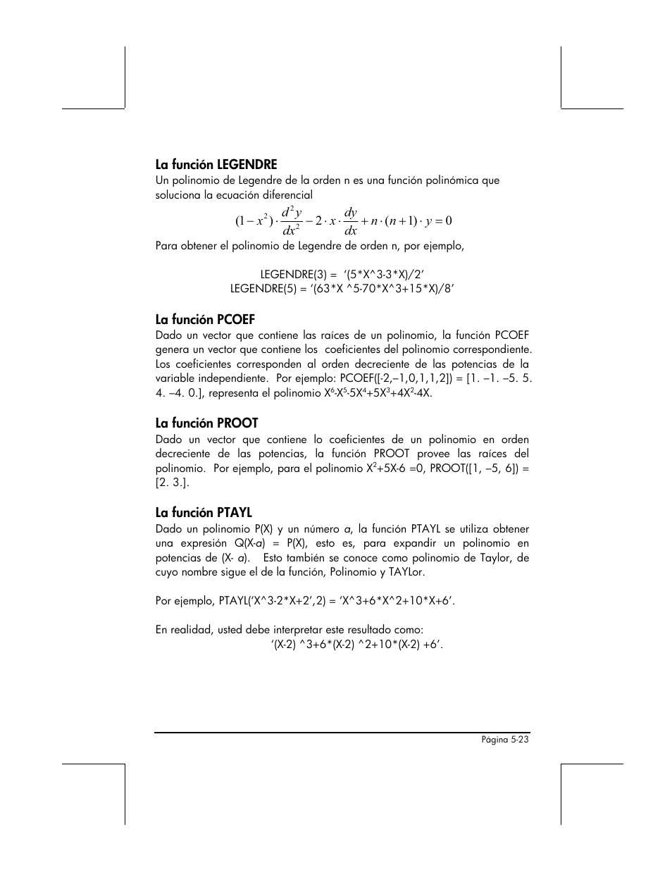 La funcion legendre, La funcion pcoef, La funcion proot | La funcion ptayl | HP 48gII Graphing Calculator User Manual | Page 198 / 892