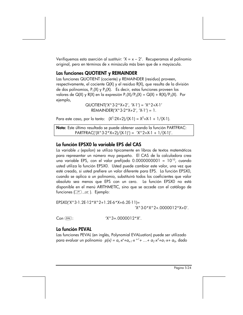 Las funciones quotient y remainder, La funcion epsx0 la variable eps del cas, La funcion peval | La función epsx0 la variable eps del cas, La función peval | HP 48gII Graphing Calculator User Manual | Page 199 / 892