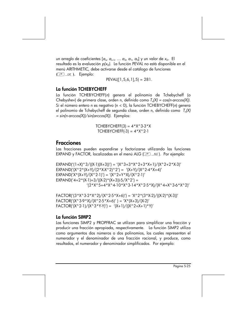 La funcion tchebycheff, Fracciones, La funcion simp2 | La función tchebycheff, La función simp2 | HP 48gII Graphing Calculator User Manual | Page 200 / 892