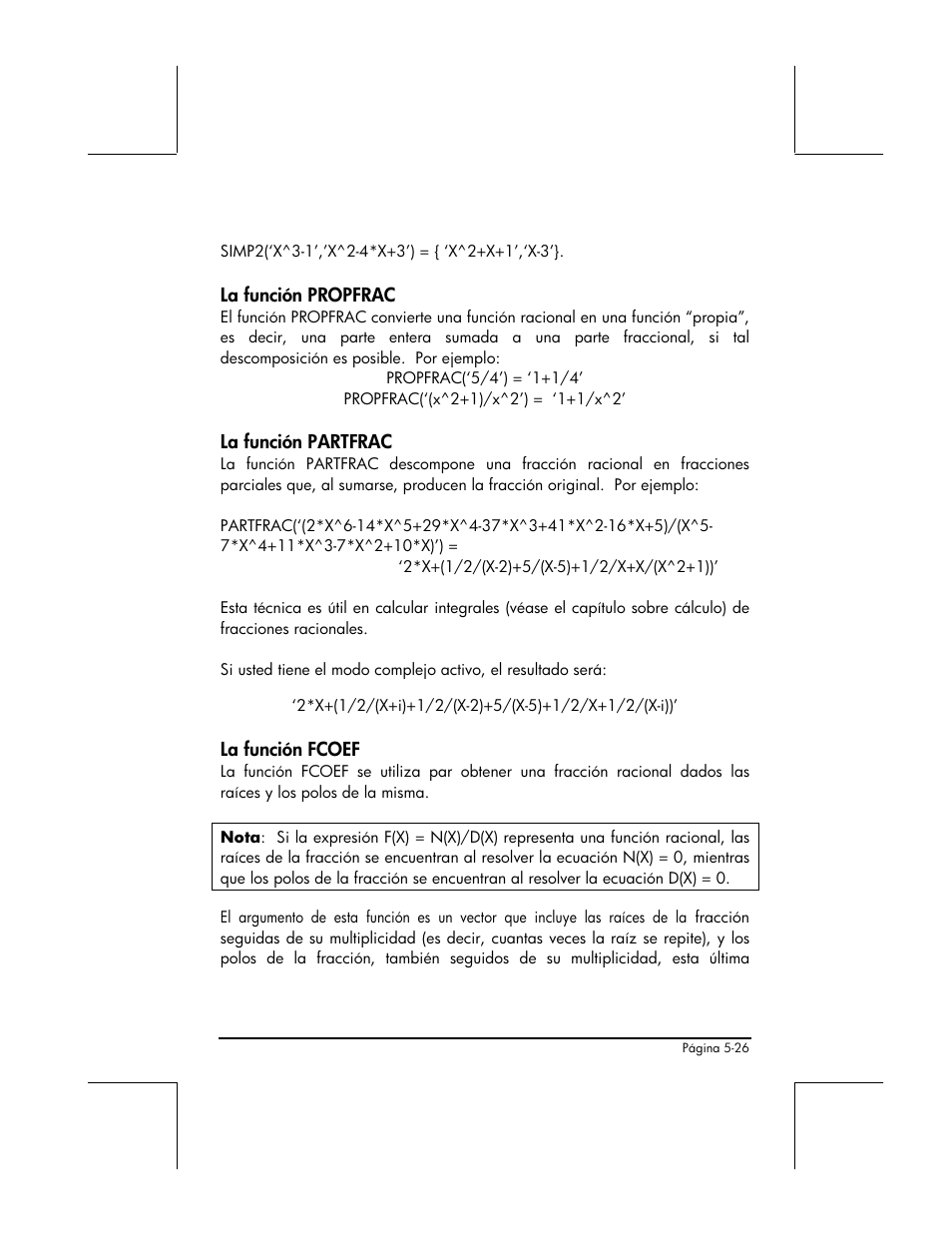La funcion propfrac, La funcion partfrac, La funcion fcoef | HP 48gII Graphing Calculator User Manual | Page 201 / 892