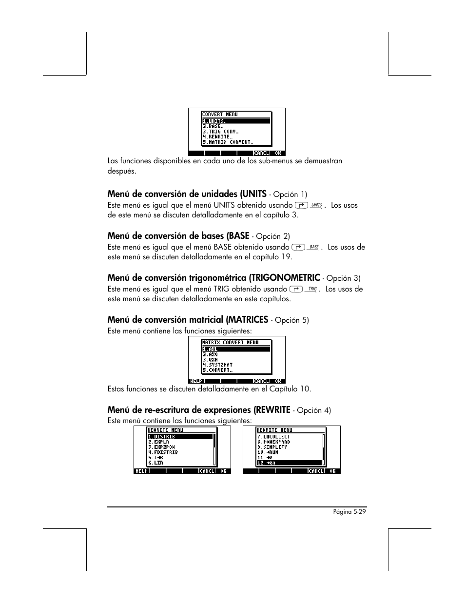 Menu de conversion de unidades (units - opcion 1), Menu de conversion de bases (base - opcion 2), Menu de conversion matricial (matrices - opcion 5) | HP 48gII Graphing Calculator User Manual | Page 204 / 892