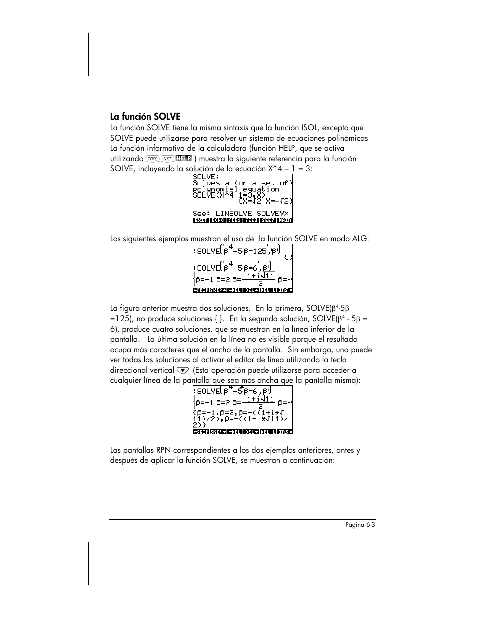 La funcion solve, La función solve | HP 48gII Graphing Calculator User Manual | Page 209 / 892