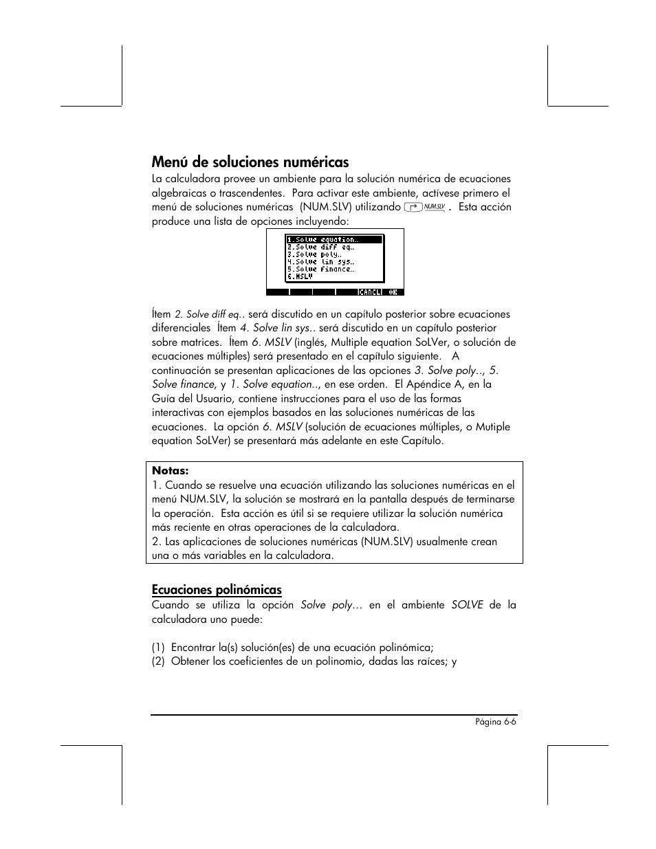 Menu de soluciones numericas, Ecuaciones polinomicas, Menú de soluciones numéricas | HP 48gII Graphing Calculator User Manual | Page 212 / 892