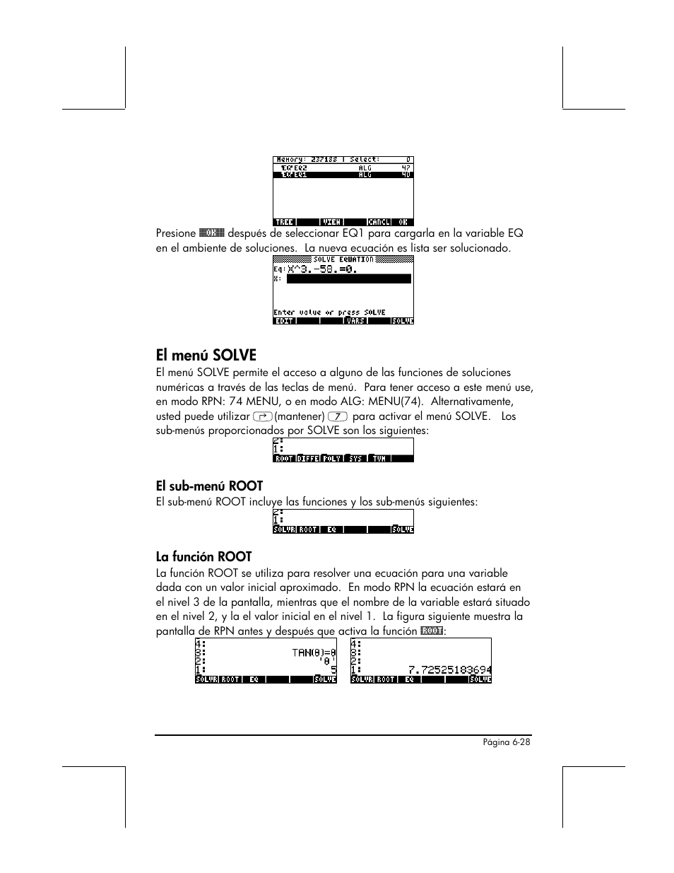 El menu solve, El sub-menu root, La funcion root | El menú solve | HP 48gII Graphing Calculator User Manual | Page 234 / 892