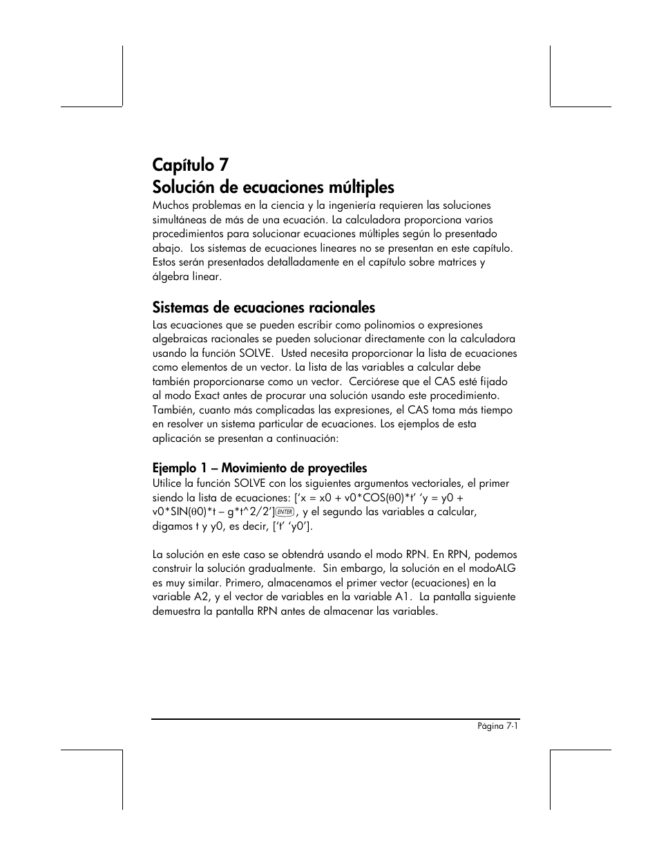 Capitulo 7 solucion de ecuaciones multiples, Sistemas de ecuaciones racionales, Ejemplo 1 – movimiento de proyectiles | Capítulo 7 solución de ecuaciones múltiples | HP 48gII Graphing Calculator User Manual | Page 241 / 892