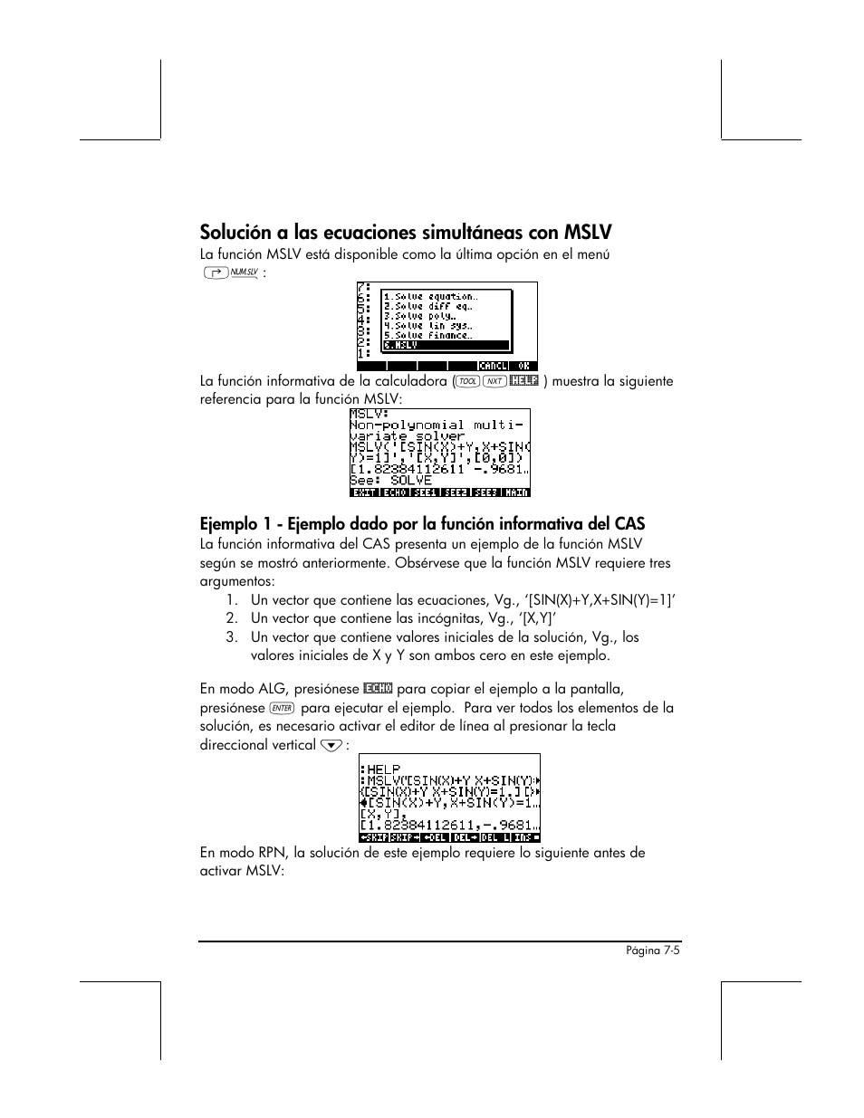 Solucion a las ecuaciones simultaneas con mslv, Solución a las ecuaciones simultáneas con mslv | HP 48gII Graphing Calculator User Manual | Page 245 / 892