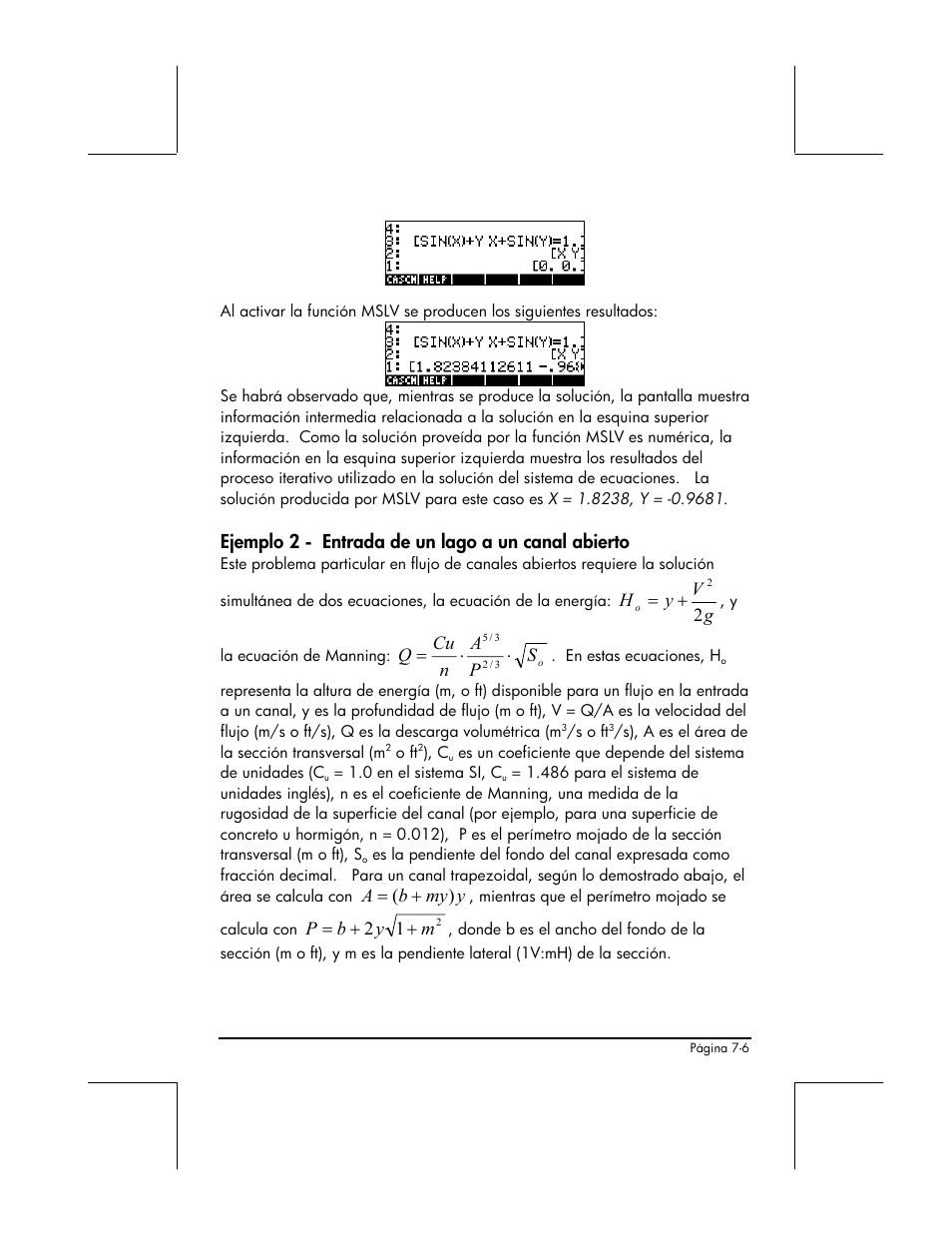 Ejemplo 2 - entrada de un lago a un canal abierto | HP 48gII Graphing Calculator User Manual | Page 246 / 892