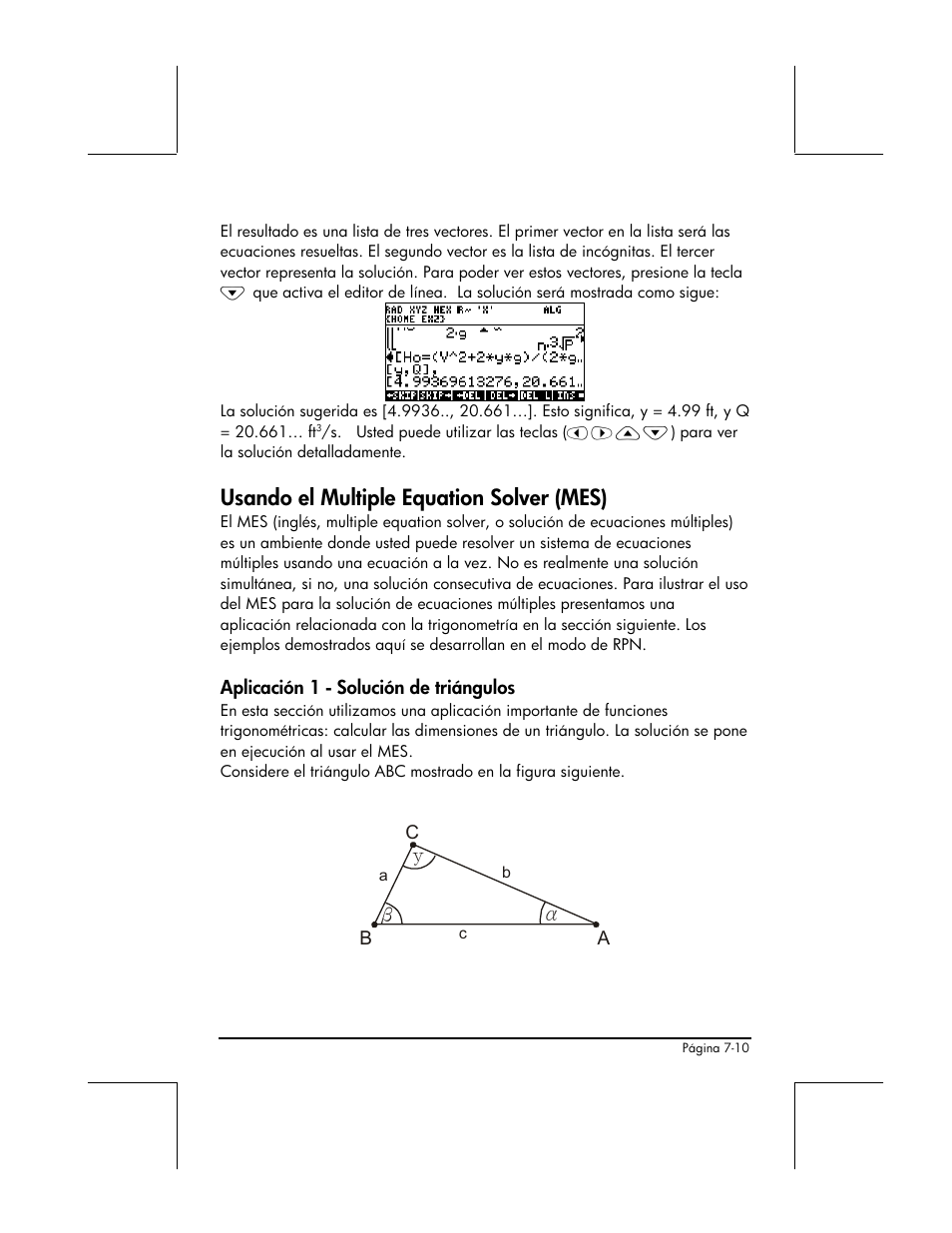 Usando el multiple equation solver (mes), Aplicacion 1 - solucion de triangulos | HP 48gII Graphing Calculator User Manual | Page 250 / 892