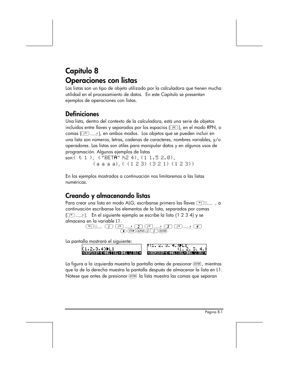 Capitulo 8 operaciones con listas, Definiciones, Creando y almacenando listas | Capítulo 8 operaciones con listas | HP 48gII Graphing Calculator User Manual | Page 262 / 892