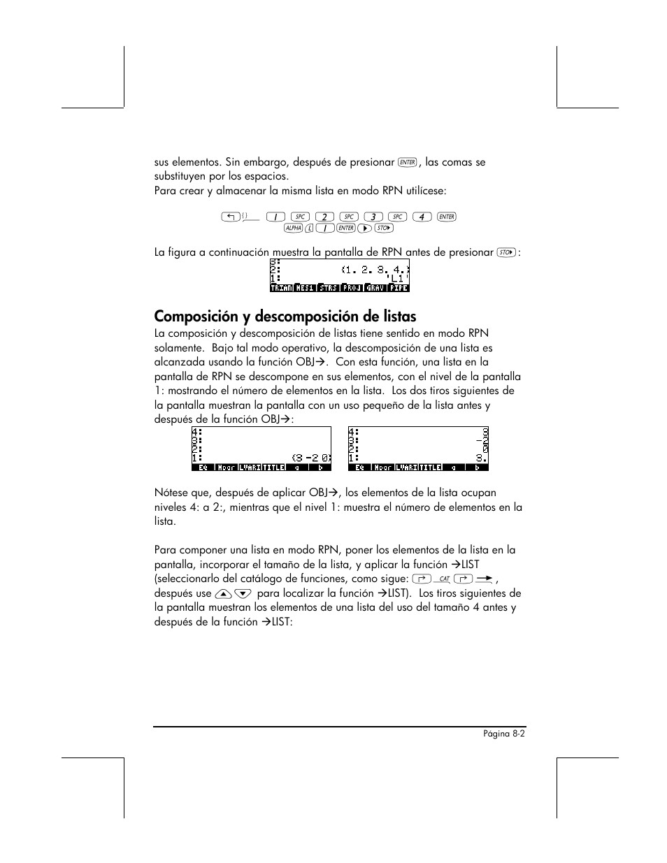 Composicion y descomposicion de listas, Composición y descomposición de listas | HP 48gII Graphing Calculator User Manual | Page 263 / 892