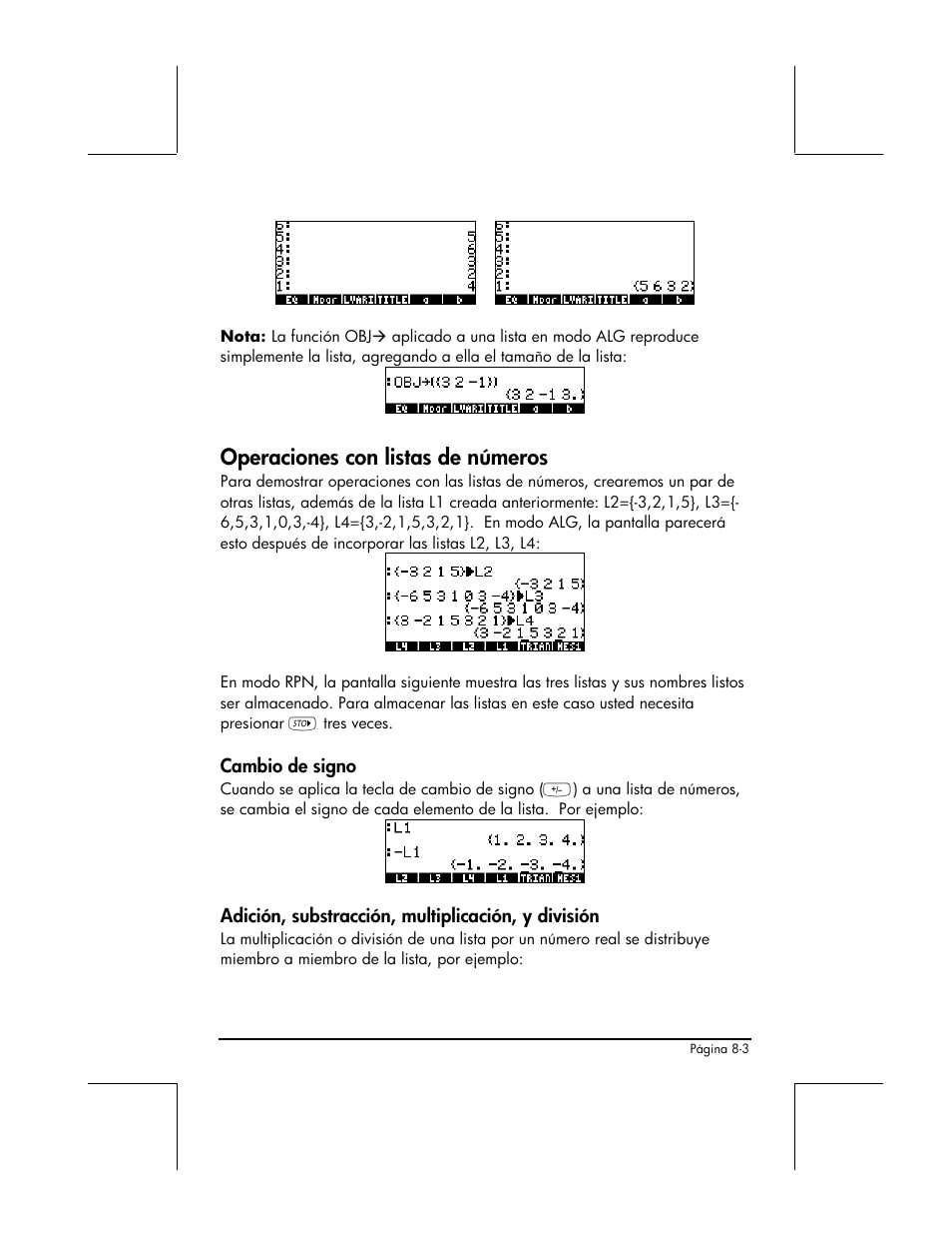 Operaciones con listas de numeros, Cambio de signo, Adicion, substraccion, multiplicacion, y division | Operaciones con listas de números | HP 48gII Graphing Calculator User Manual | Page 264 / 892