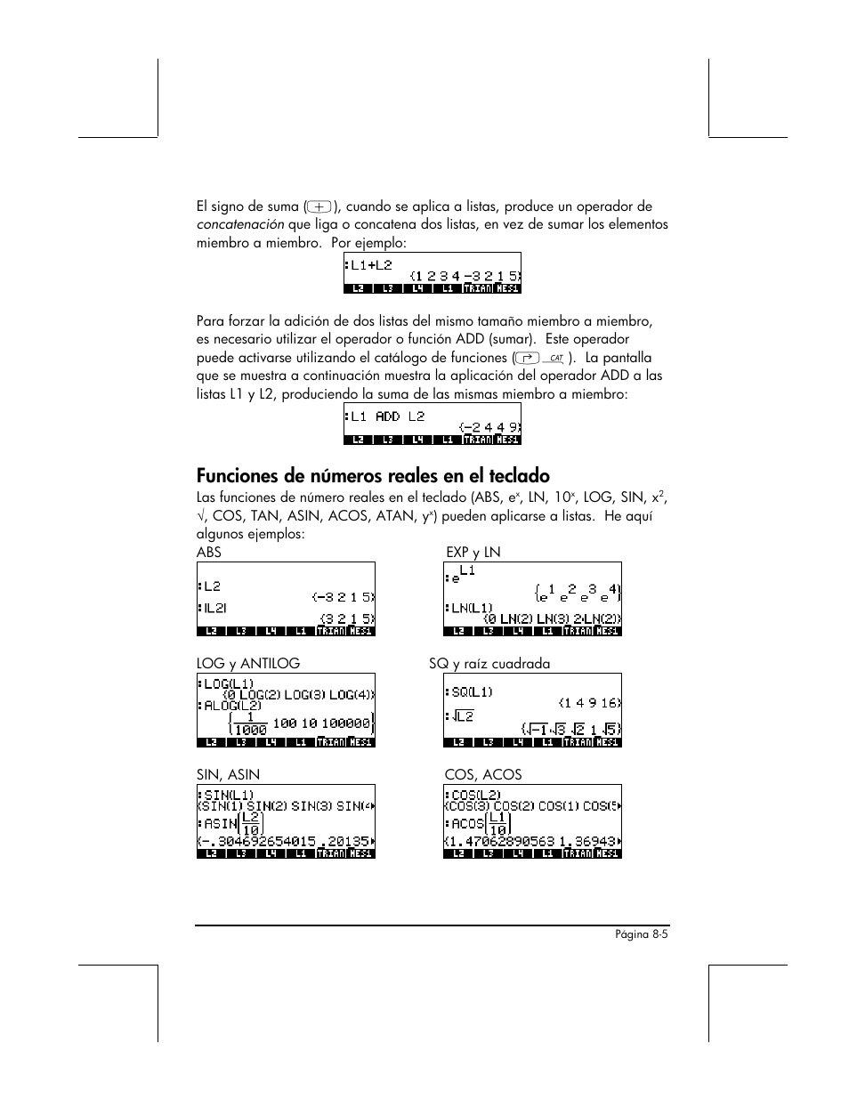 Funciones de numeros reales en el teclado, Funciones de números reales en el teclado | HP 48gII Graphing Calculator User Manual | Page 266 / 892