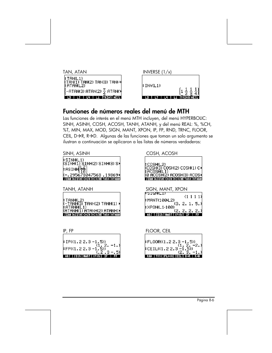 Funciones de numeros reales del menu de mth, Funciones de números reales del menú de mth | HP 48gII Graphing Calculator User Manual | Page 267 / 892