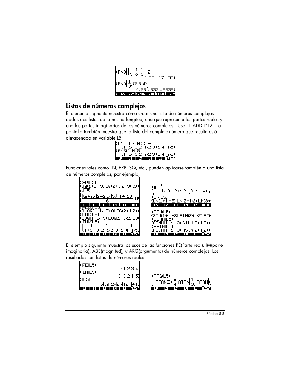 Listas de numeros complejos, Listas de números complejos | HP 48gII Graphing Calculator User Manual | Page 269 / 892