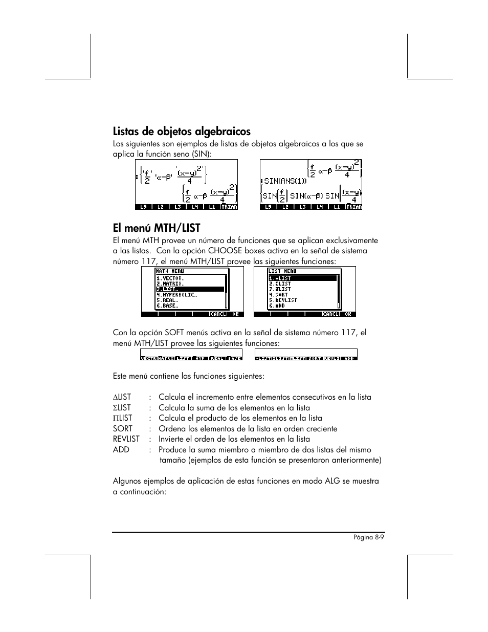 Listas de objetos algebraicos, El menu mth/list, El menú mth/list | HP 48gII Graphing Calculator User Manual | Page 270 / 892