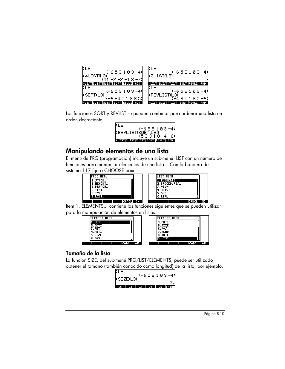 Manipulando elementos de una lista, Tamano de la lista | HP 48gII Graphing Calculator User Manual | Page 271 / 892