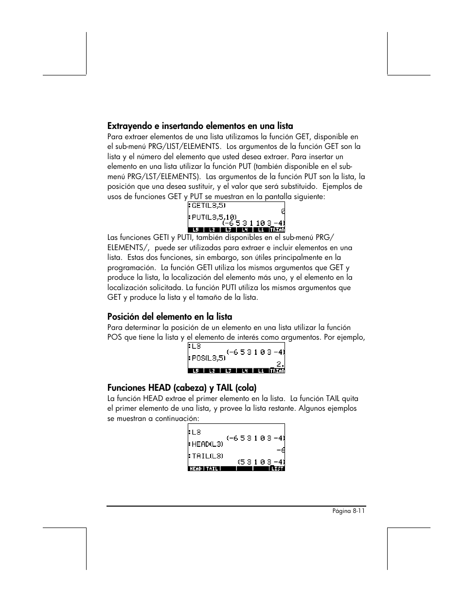 Extrayendo e insertando elementos en una lista, Posicion del elemento en la lista, Funciones head (cabeza) y tail (cola) | HP 48gII Graphing Calculator User Manual | Page 272 / 892