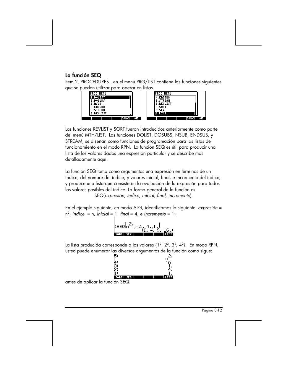 La funcion seq, La función seq | HP 48gII Graphing Calculator User Manual | Page 273 / 892