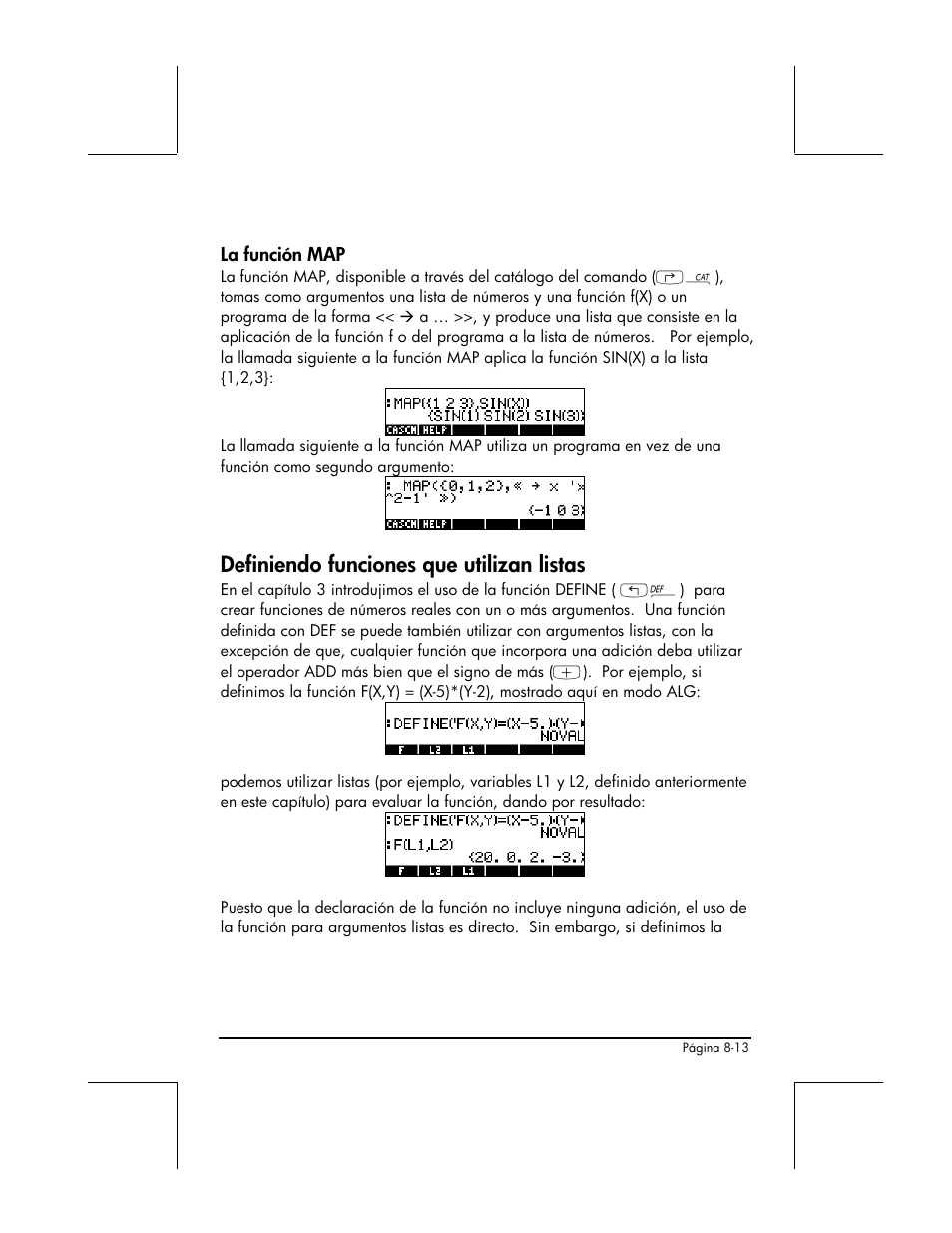 La funcion map, Definiendo funciones que utilizan listas | HP 48gII Graphing Calculator User Manual | Page 274 / 892