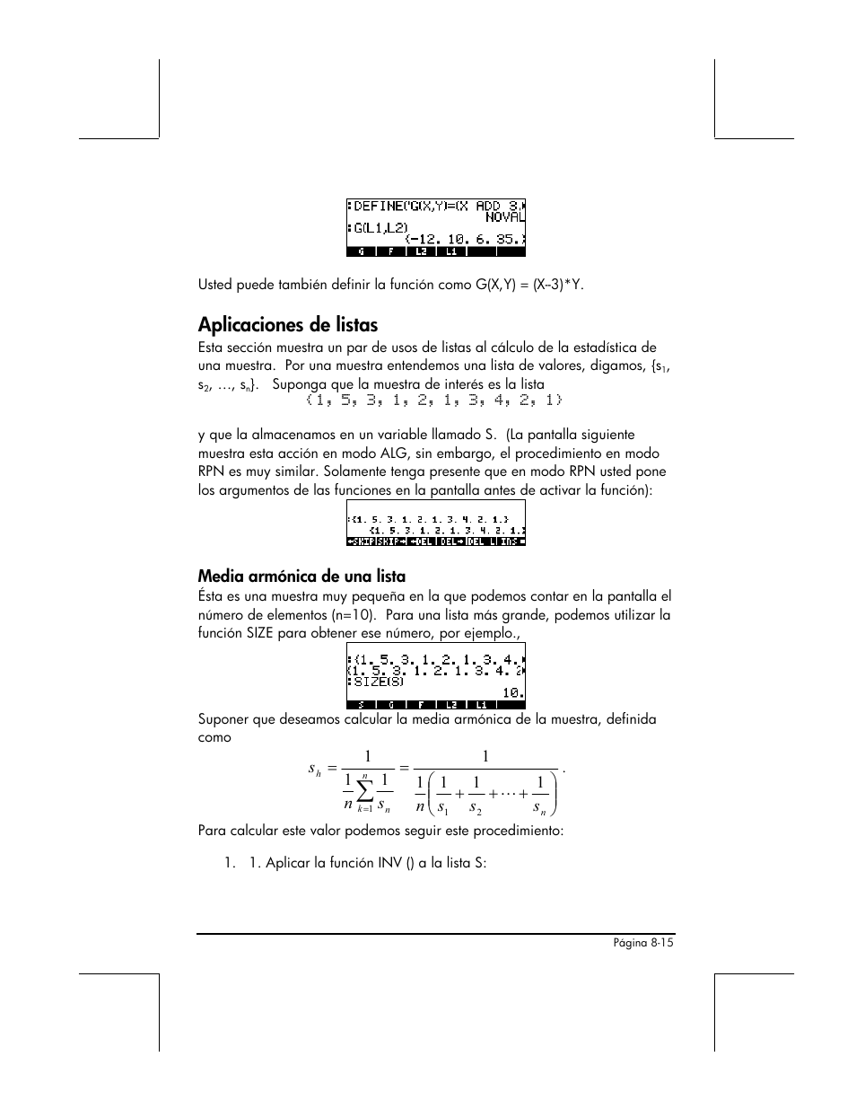 Aplicaciones de listas, Media armonica de una lista | HP 48gII Graphing Calculator User Manual | Page 276 / 892