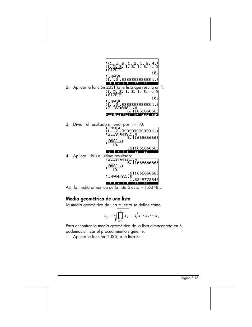 Media geometrica de una lista, Media geométrica de una lista | HP 48gII Graphing Calculator User Manual | Page 277 / 892