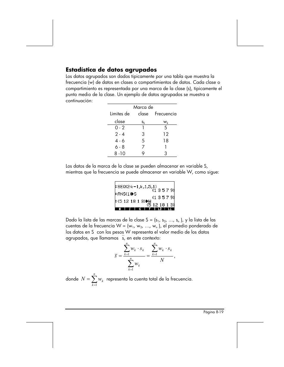 Estadistica de datos agrupados, Estadística de datos agrupados | HP 48gII Graphing Calculator User Manual | Page 280 / 892