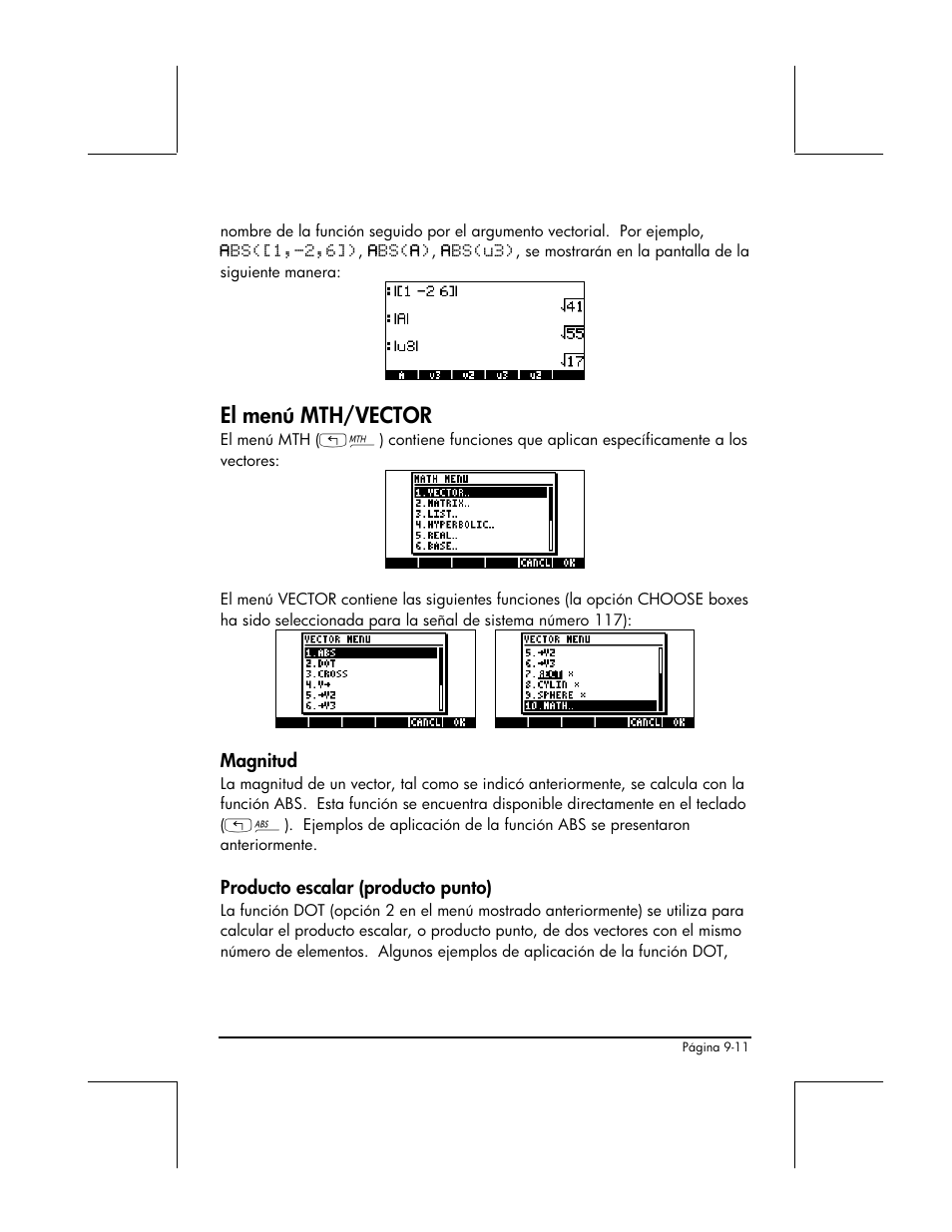 El menu mth/vector, Magnitud, Producto escalar (producto punto) | El menú mth/vector | HP 48gII Graphing Calculator User Manual | Page 292 / 892