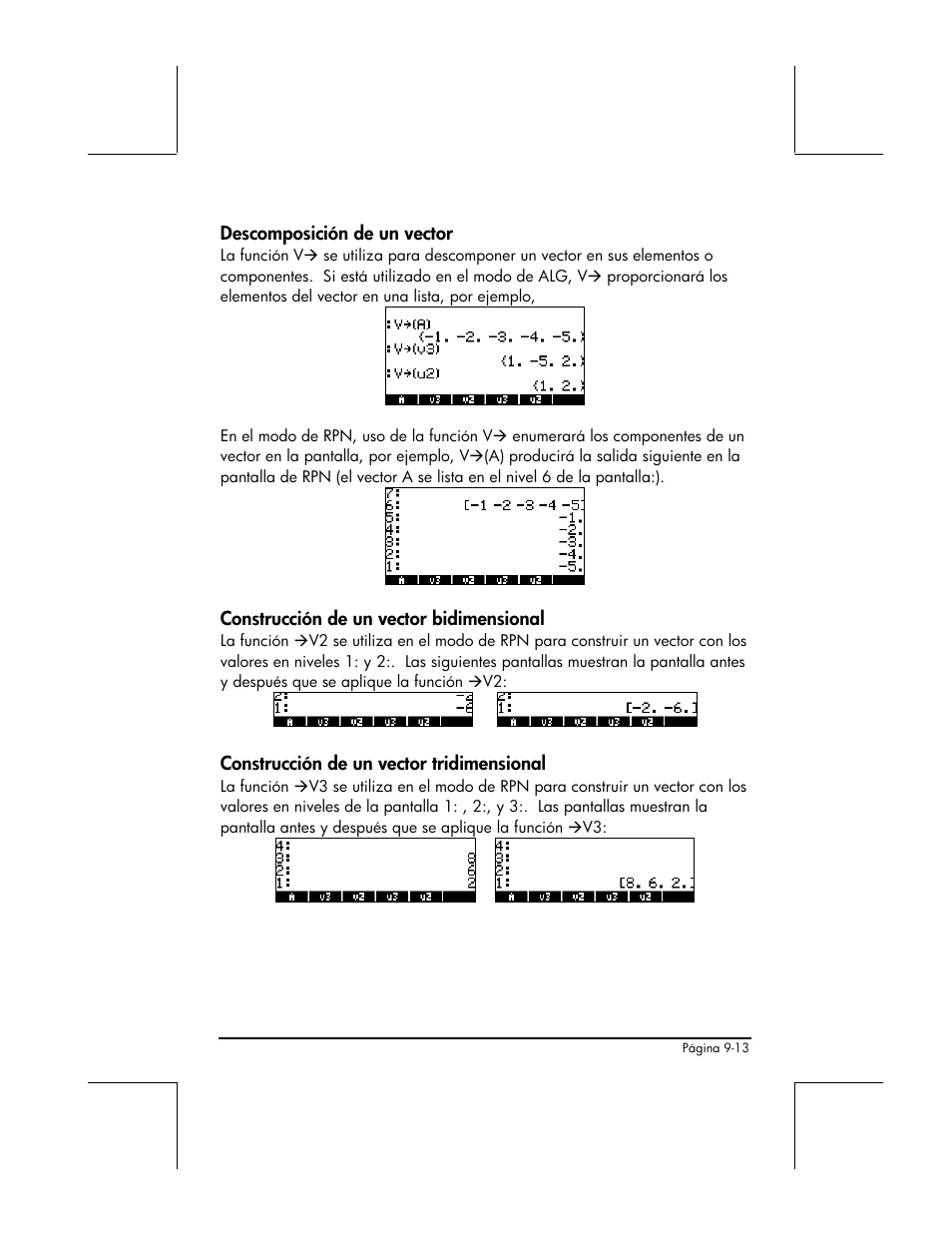 Descomposicion de un vector, Construccion de un vector bidimensional, Construccion de un vector tridimensional | HP 48gII Graphing Calculator User Manual | Page 294 / 892