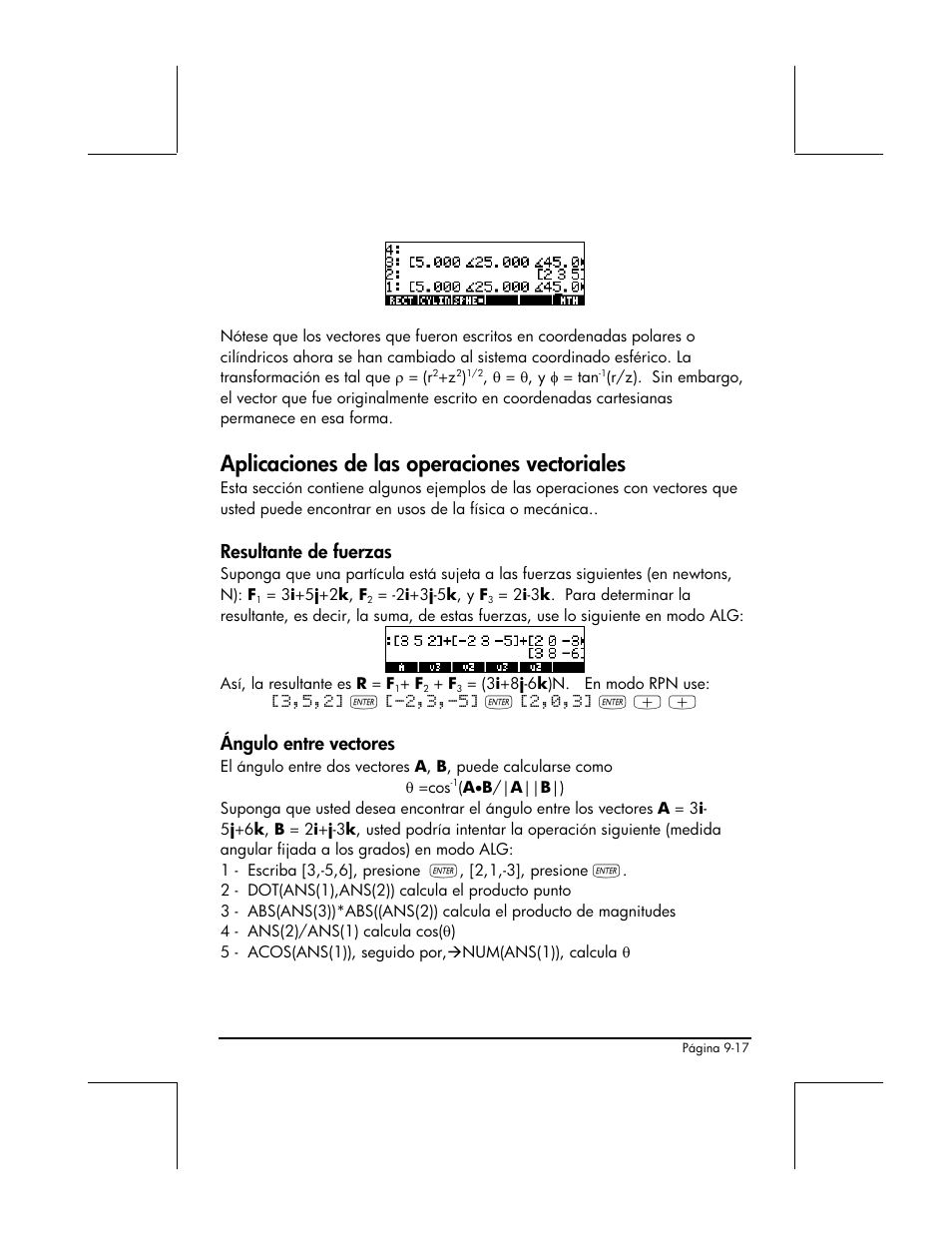 Aplicaciones de las operaciones vectoriales, Resultante de fuerzas, Angulo entre vectores | Ángulo entre vectores | HP 48gII Graphing Calculator User Manual | Page 298 / 892