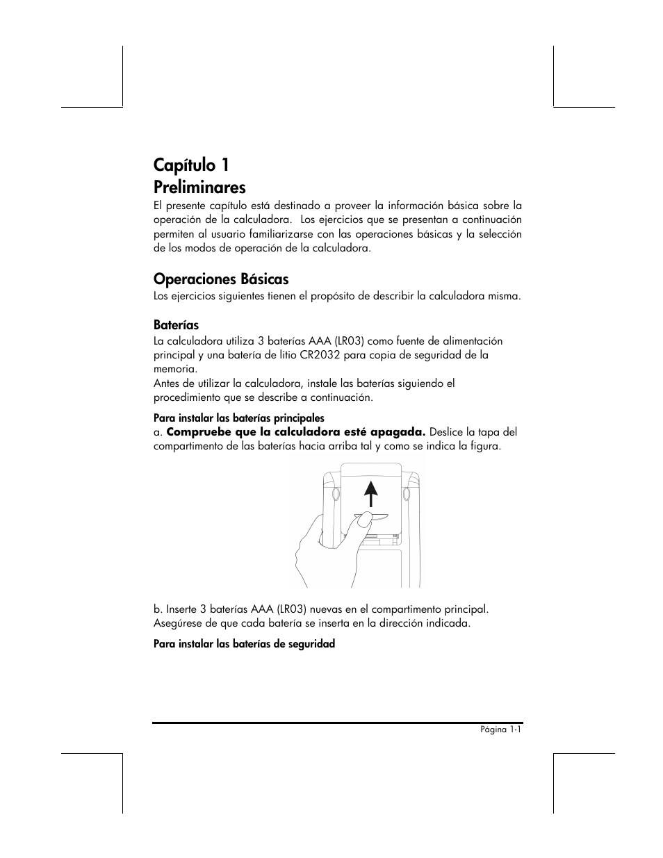 Capitulo 1 preliminares, Operaciones basicas, Baterias | Capítulo 1 preliminares, Operaciones básicas | HP 48gII Graphing Calculator User Manual | Page 30 / 892