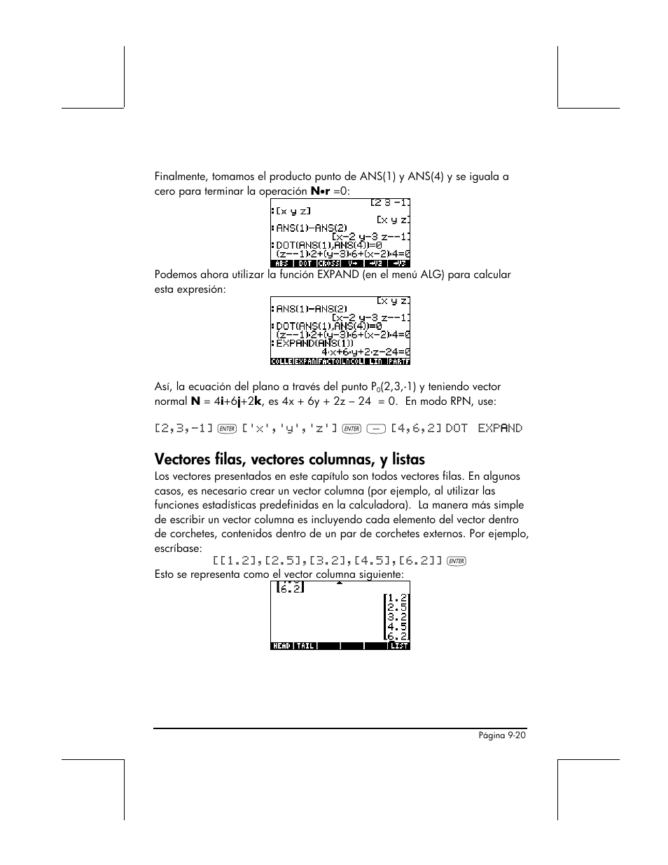 Vectores filas, vectores columnas, y listas | HP 48gII Graphing Calculator User Manual | Page 301 / 892