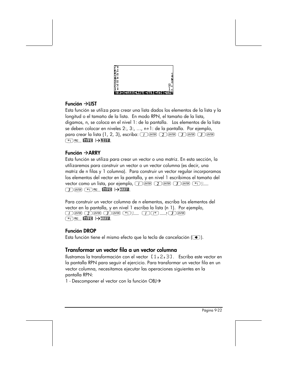 Funcion list, Funcion arry, Funcion drop | Transformar un vector fila a un vector columna | HP 48gII Graphing Calculator User Manual | Page 303 / 892