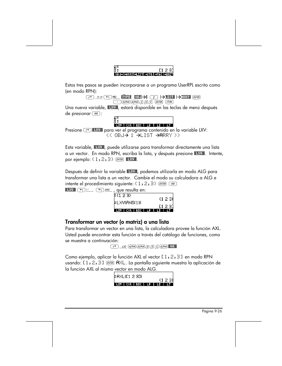 Transformar un vector (o matriz) a una lista | HP 48gII Graphing Calculator User Manual | Page 307 / 892