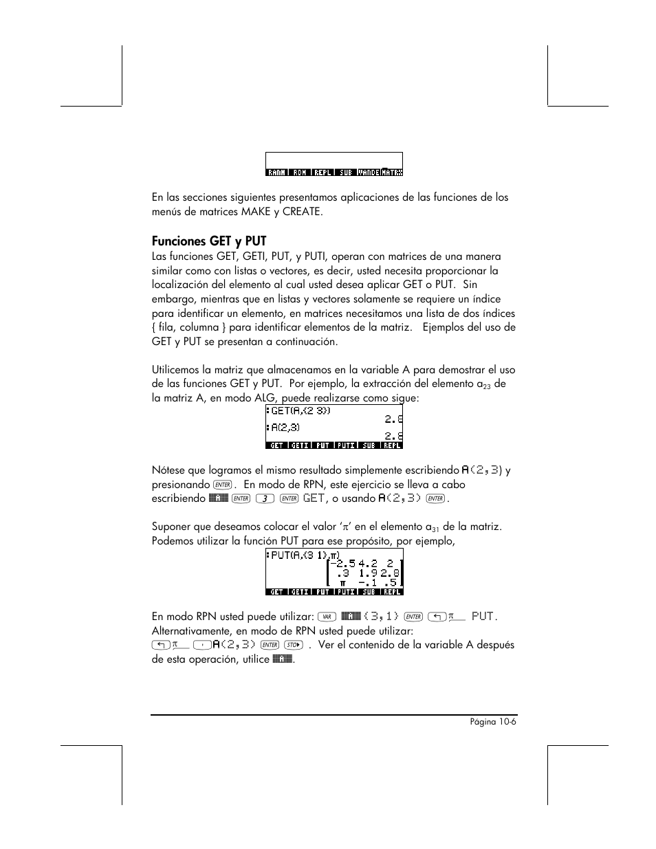 Funciones get y put | HP 48gII Graphing Calculator User Manual | Page 313 / 892