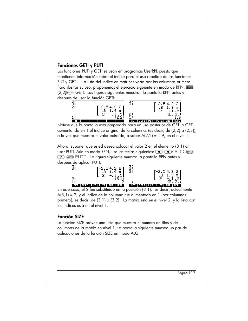 Funciones geti y puti, Funcion size | HP 48gII Graphing Calculator User Manual | Page 314 / 892