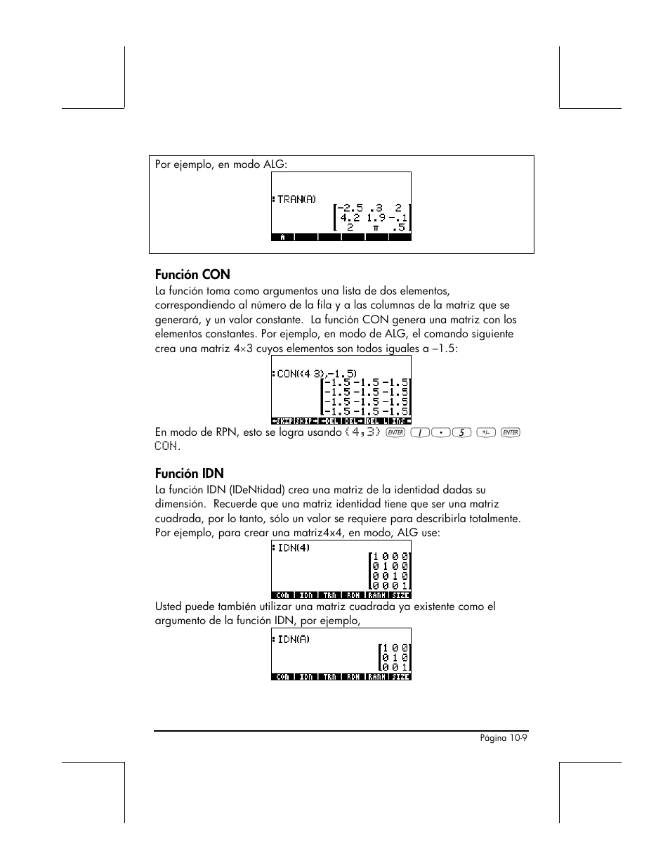 Funcion con, Funcion idn | HP 48gII Graphing Calculator User Manual | Page 316 / 892